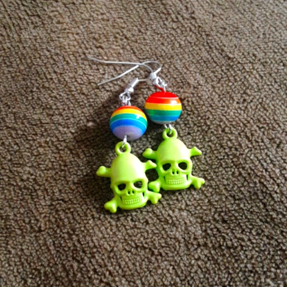 Fluorescent acrylic skull and rainbow earrings